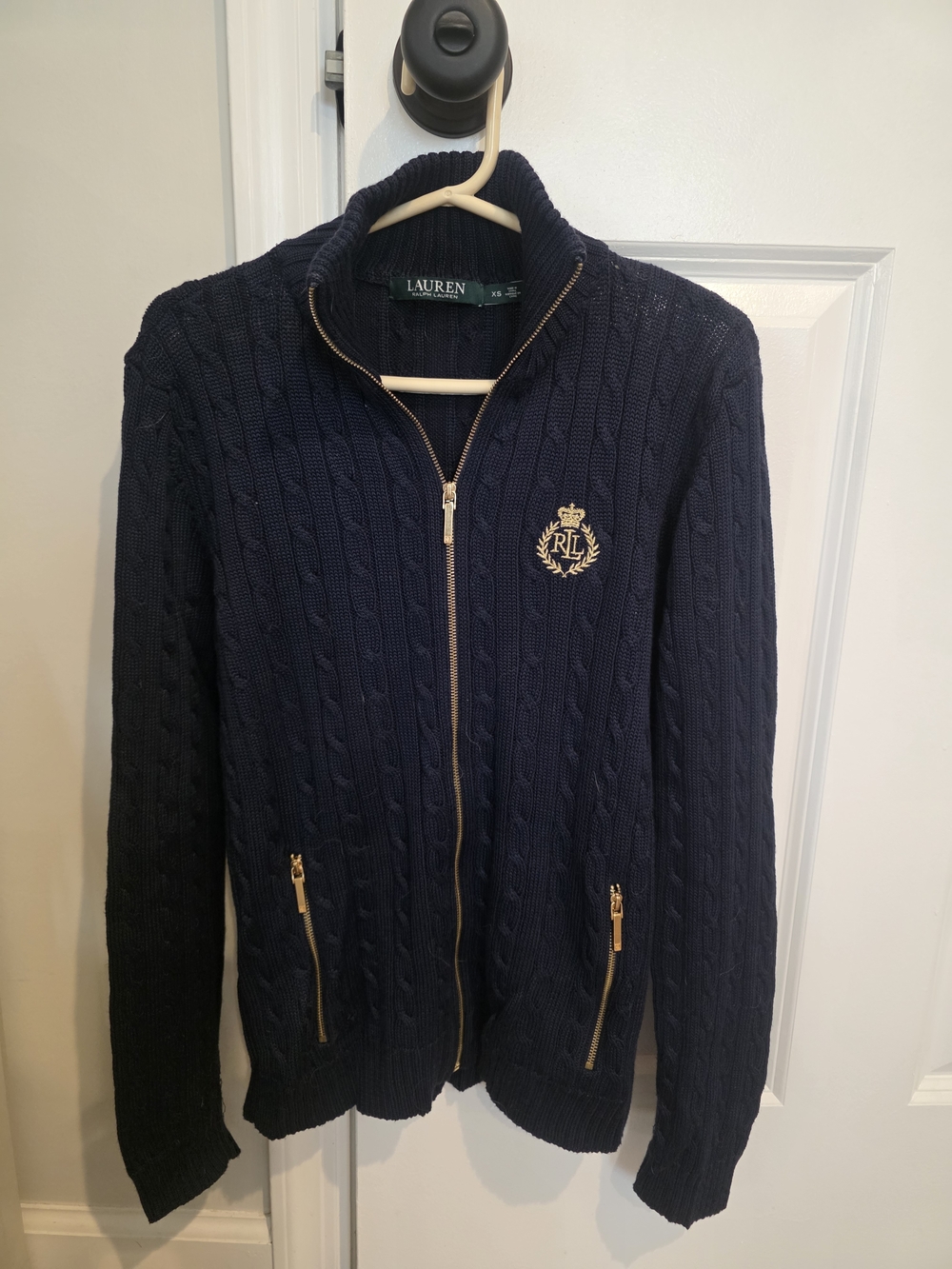 Lauren Ralph Lauren Navy Cable-Knit Zip Cardigan with Crest